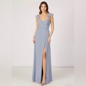 Azazie Everett Chiffon Bridesmaid Dress Dusty Lavender Blue ribbon tie back Sz 6